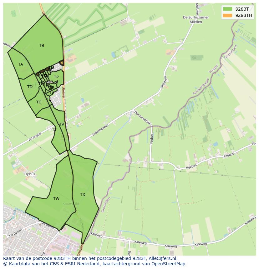 Afbeelding van het postcodegebied 9283 TH op de kaart.