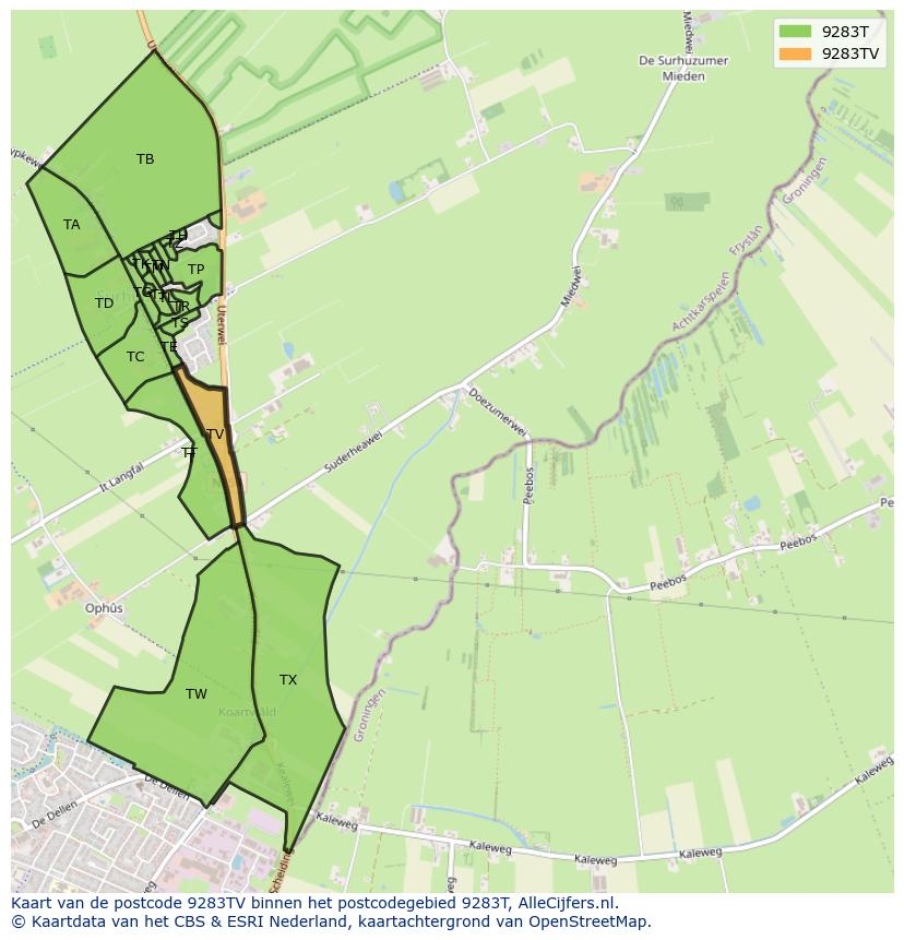 Afbeelding van het postcodegebied 9283 TV op de kaart.