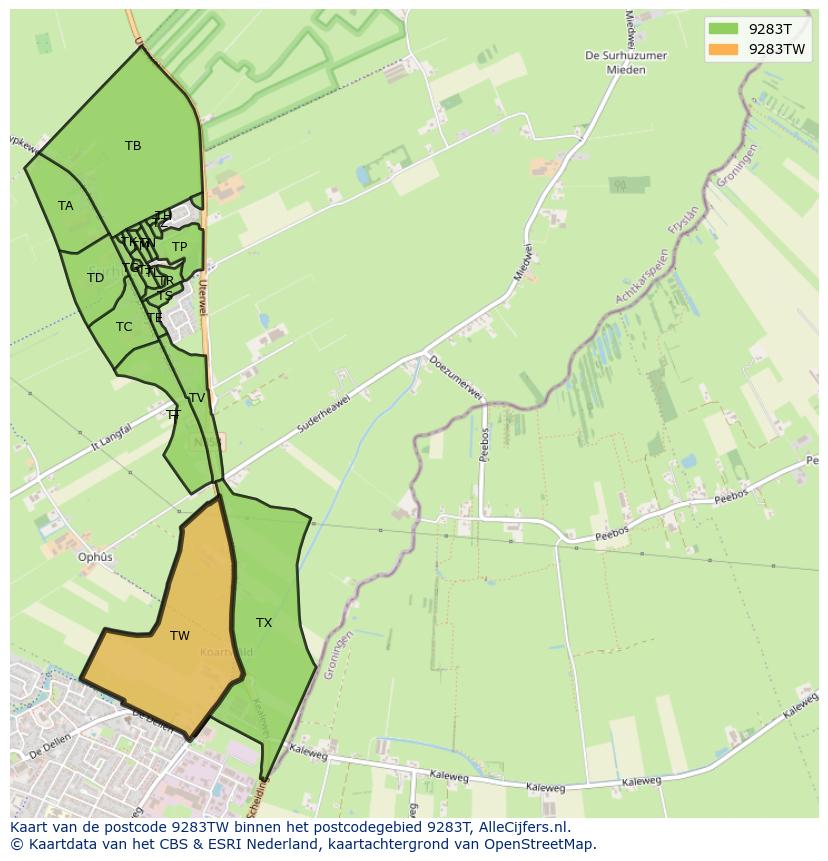 Afbeelding van het postcodegebied 9283 TW op de kaart.