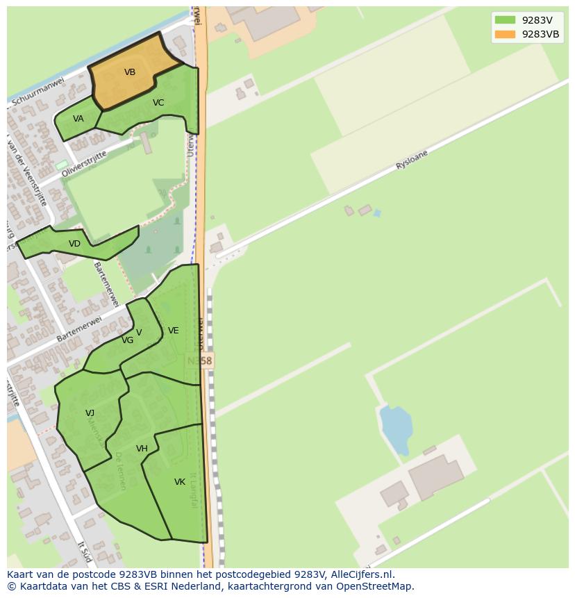 Afbeelding van het postcodegebied 9283 VB op de kaart.