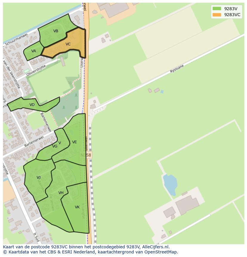 Afbeelding van het postcodegebied 9283 VC op de kaart.
