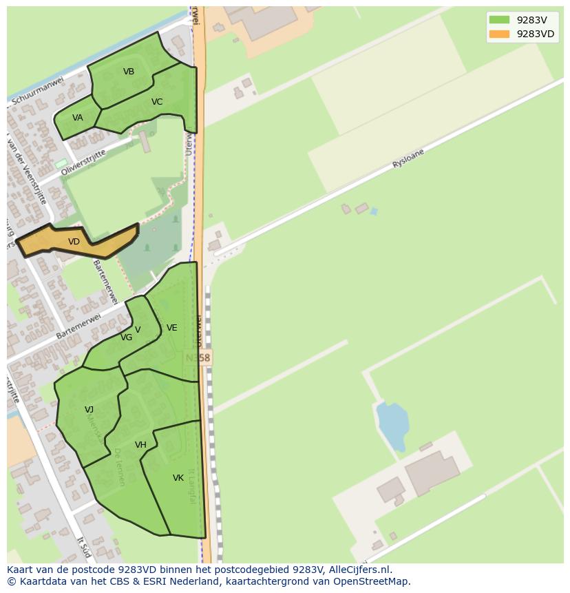 Afbeelding van het postcodegebied 9283 VD op de kaart.