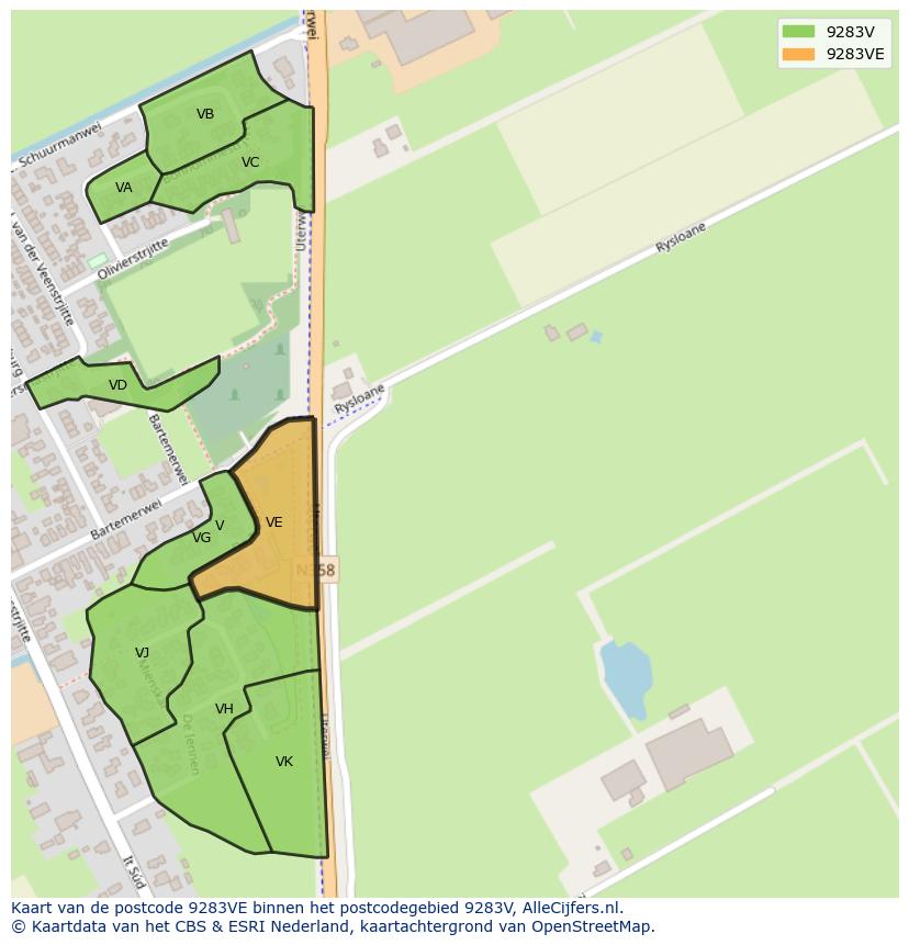Afbeelding van het postcodegebied 9283 VE op de kaart.