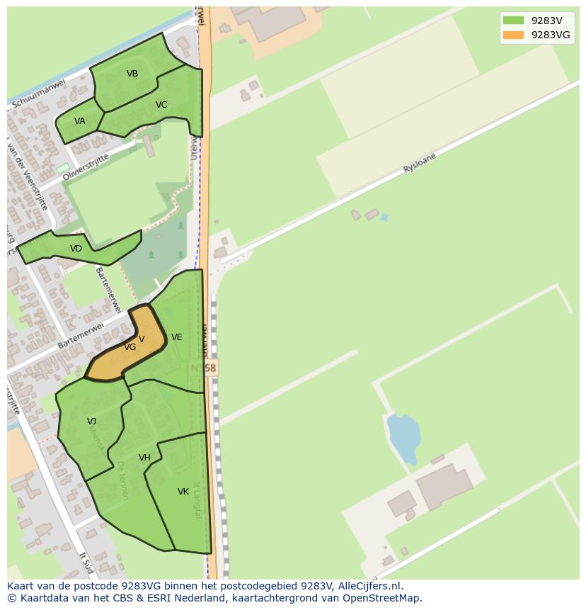 Afbeelding van het postcodegebied 9283 VG op de kaart.