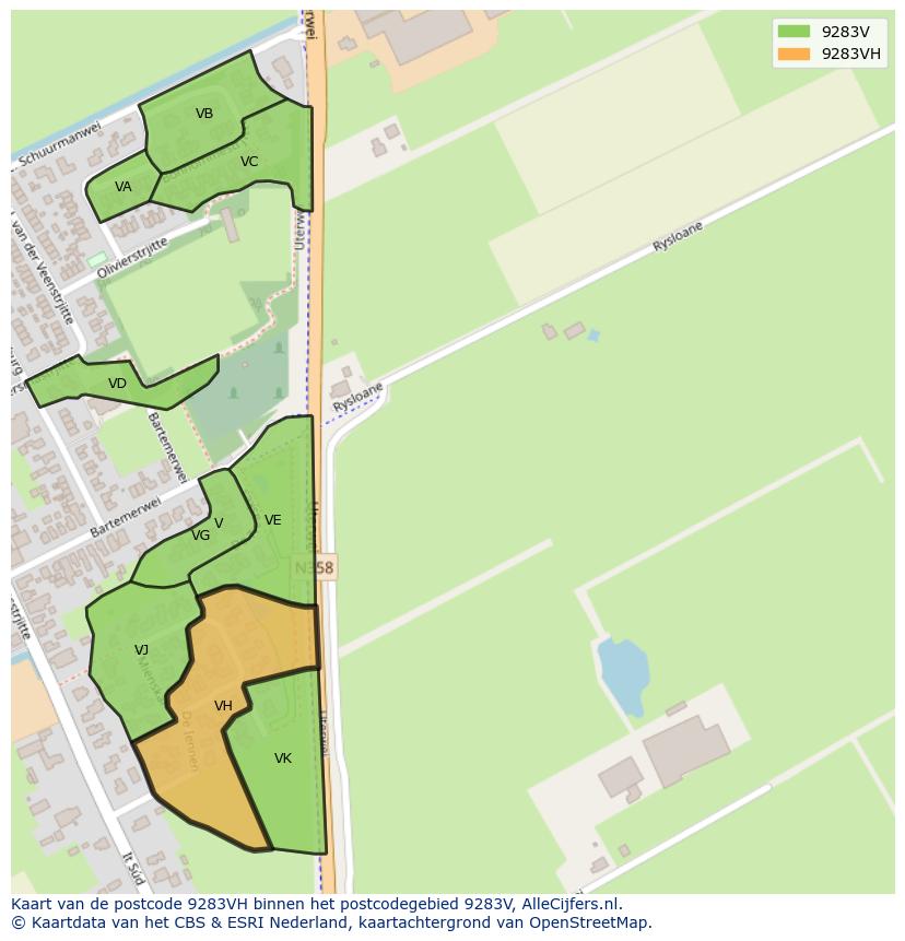 Afbeelding van het postcodegebied 9283 VH op de kaart.