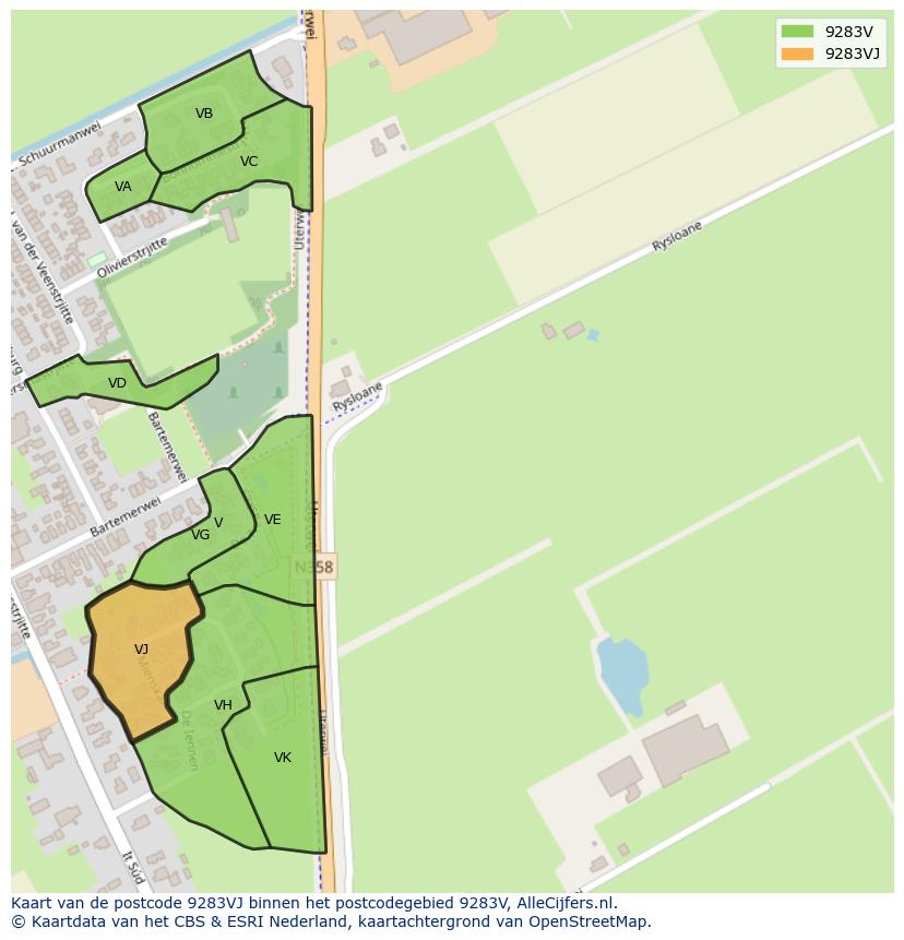 Afbeelding van het postcodegebied 9283 VJ op de kaart.
