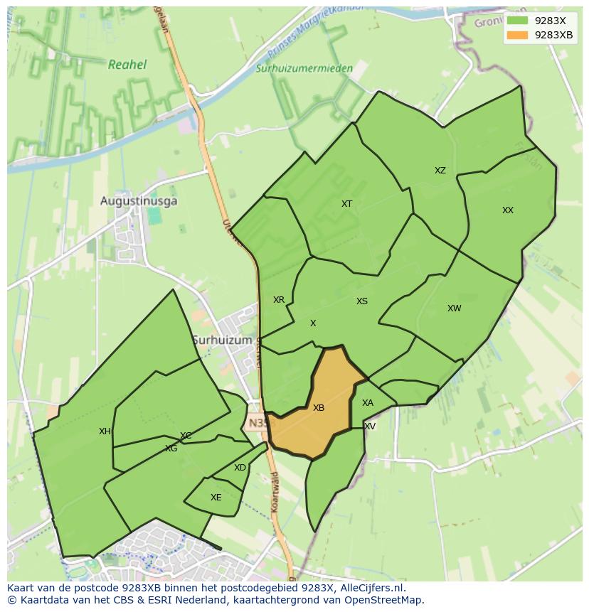 Afbeelding van het postcodegebied 9283 XB op de kaart.