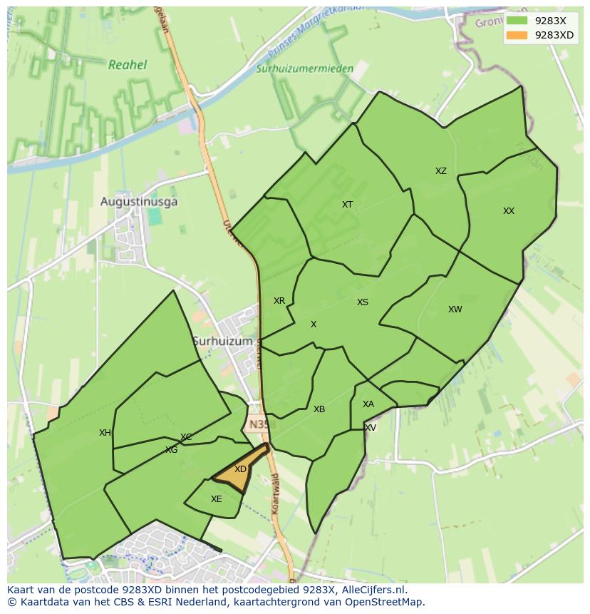 Afbeelding van het postcodegebied 9283 XD op de kaart.