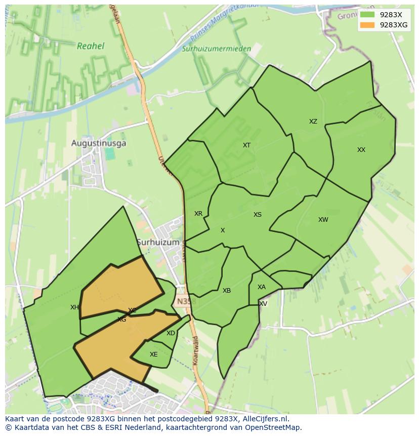 Afbeelding van het postcodegebied 9283 XG op de kaart.