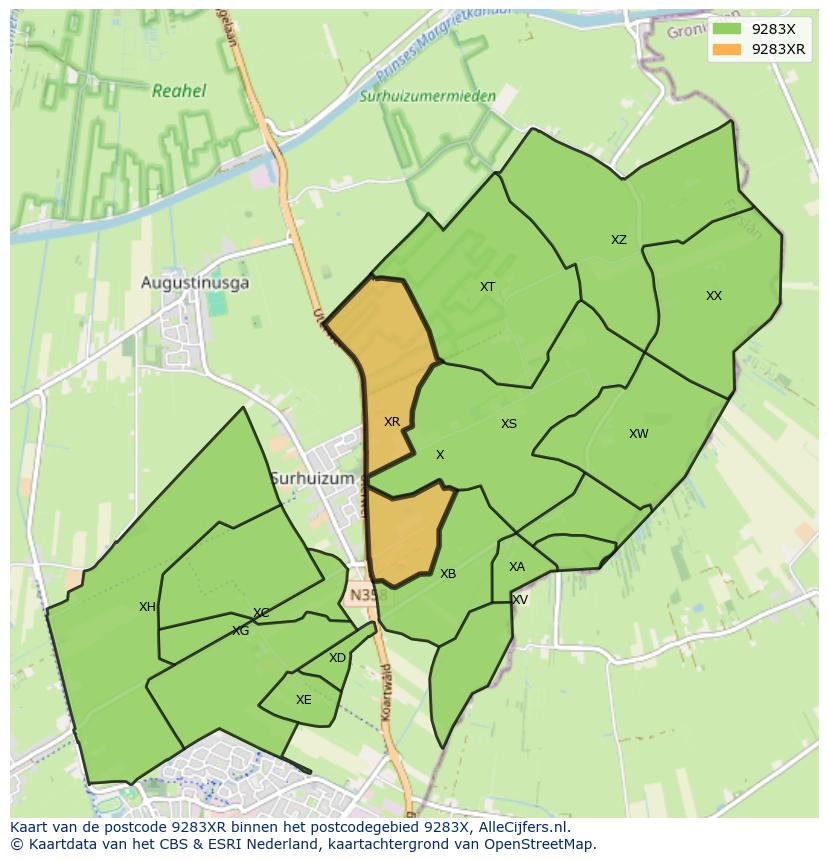 Afbeelding van het postcodegebied 9283 XR op de kaart.