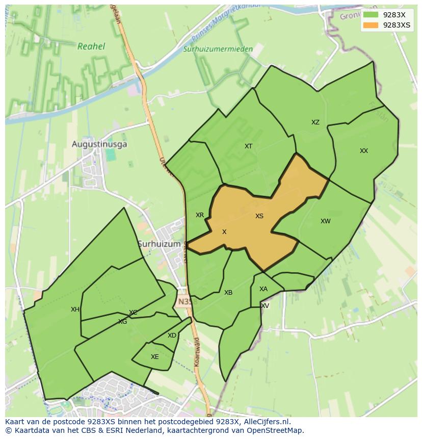 Afbeelding van het postcodegebied 9283 XS op de kaart.