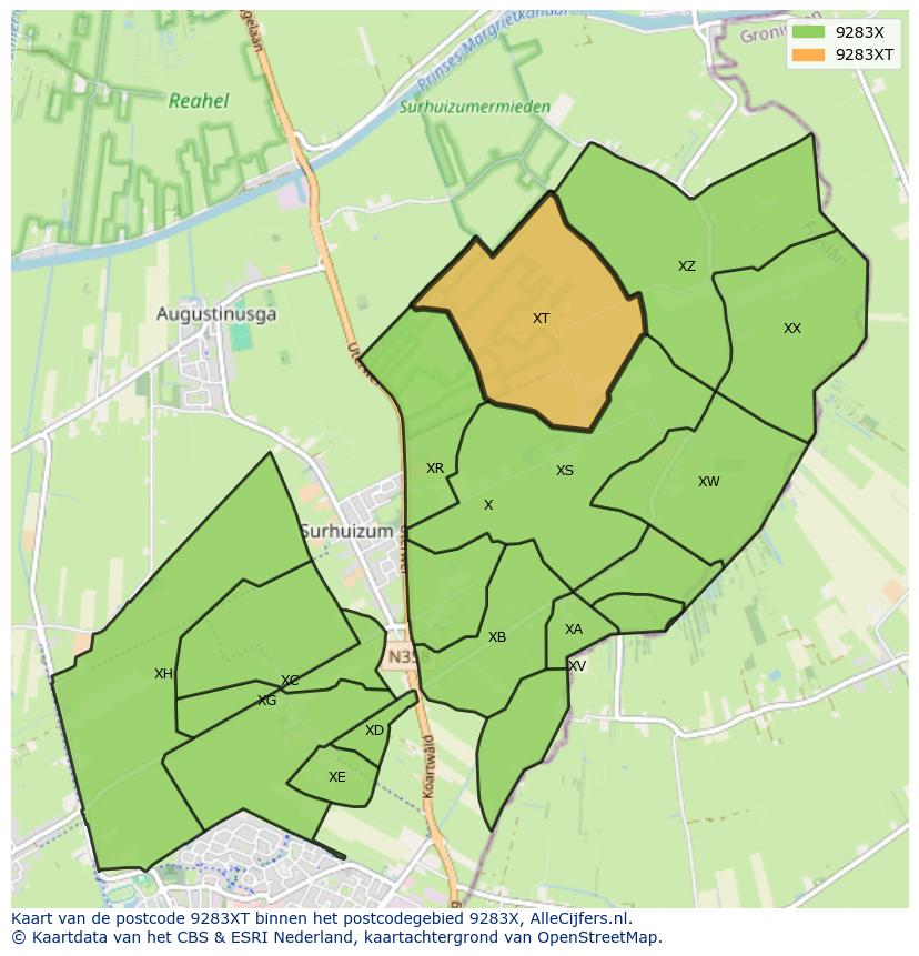 Afbeelding van het postcodegebied 9283 XT op de kaart.