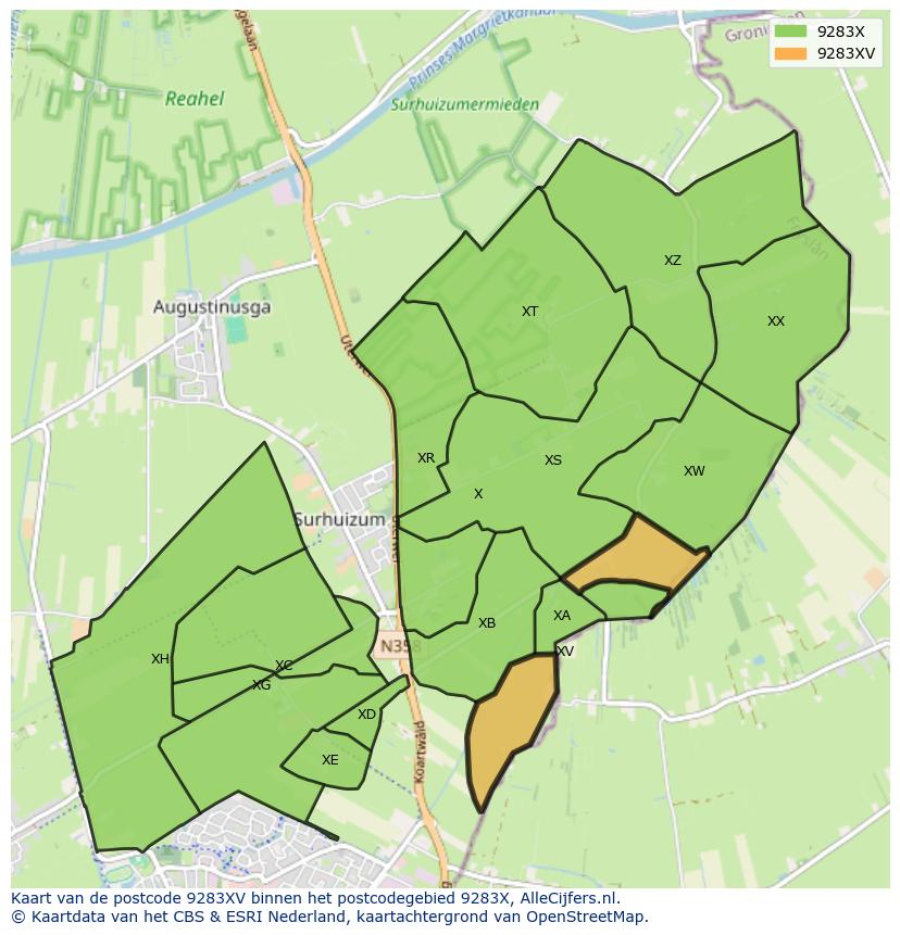 Afbeelding van het postcodegebied 9283 XV op de kaart.