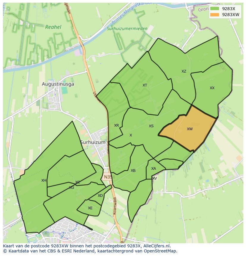 Afbeelding van het postcodegebied 9283 XW op de kaart.