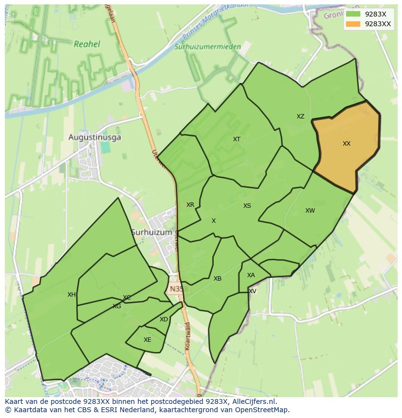 Afbeelding van het postcodegebied 9283 XX op de kaart.