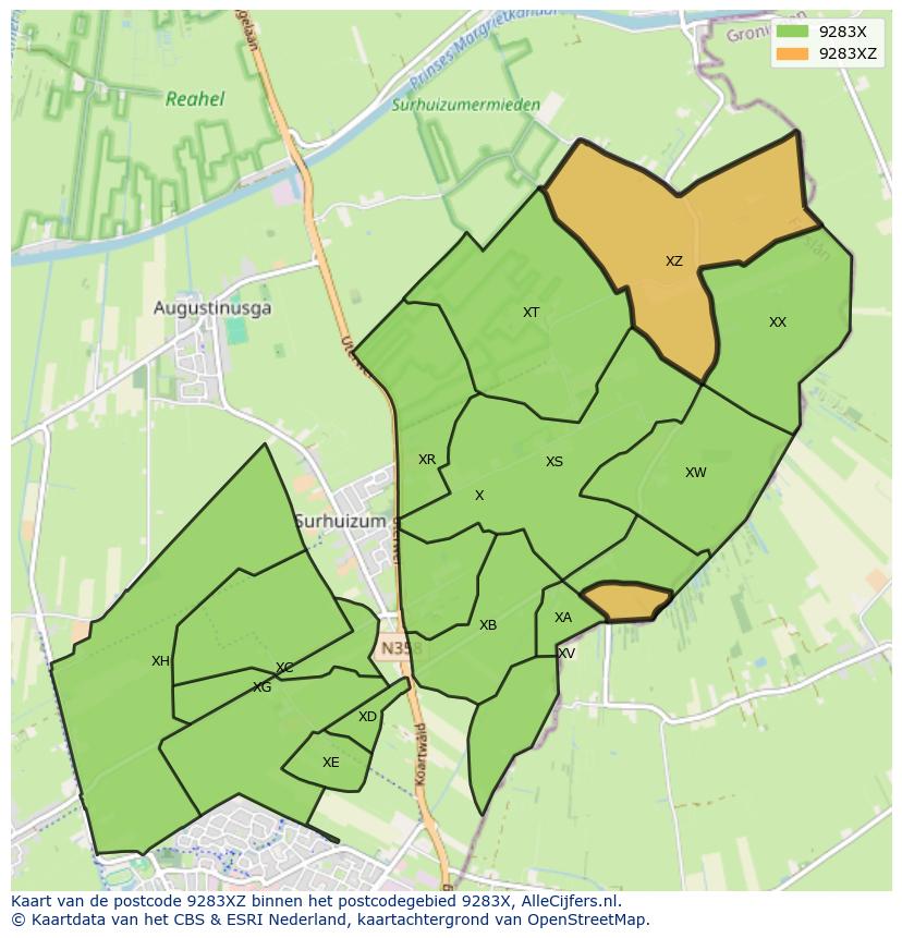 Afbeelding van het postcodegebied 9283 XZ op de kaart.