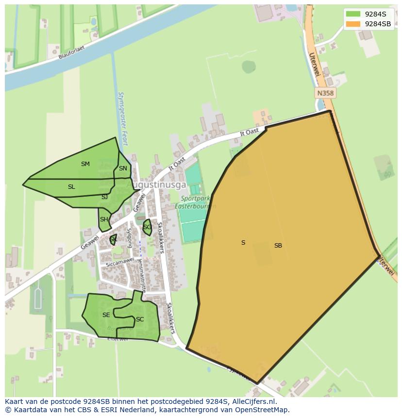 Afbeelding van het postcodegebied 9284 SB op de kaart.