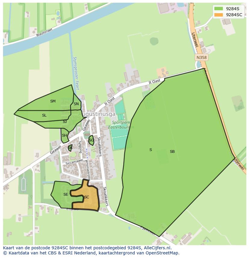 Afbeelding van het postcodegebied 9284 SC op de kaart.