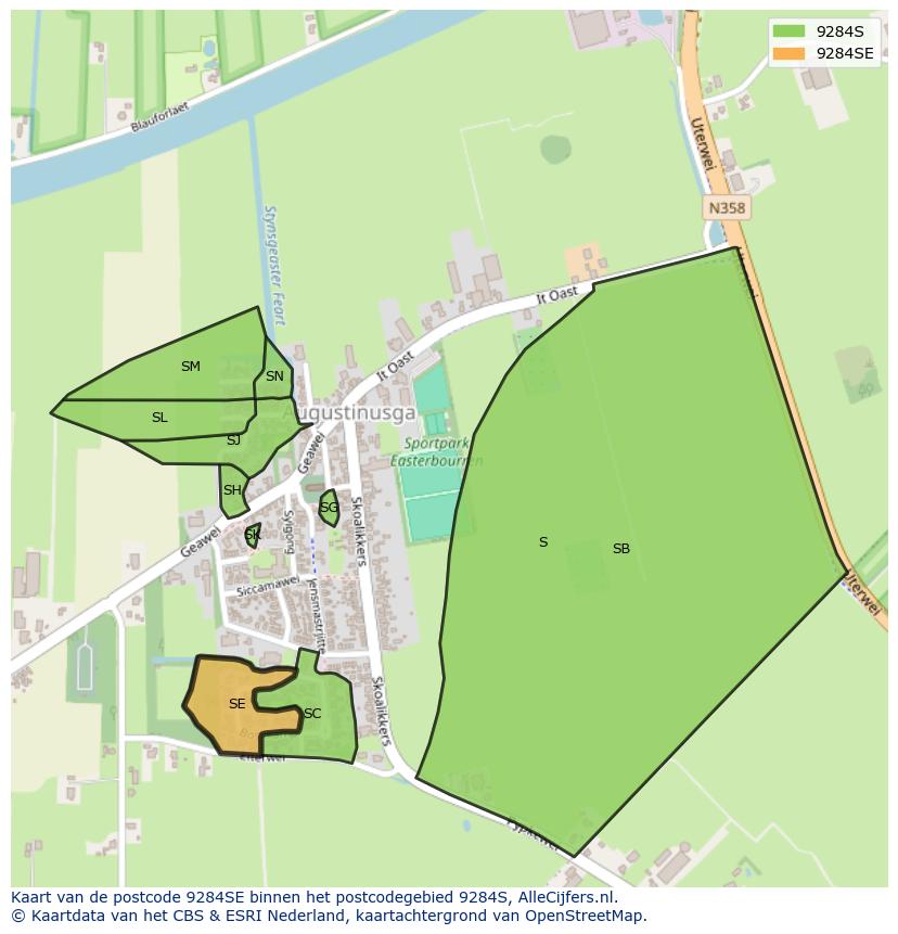 Afbeelding van het postcodegebied 9284 SE op de kaart.