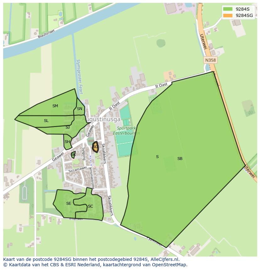 Afbeelding van het postcodegebied 9284 SG op de kaart.