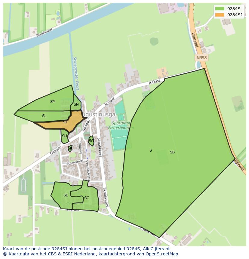 Afbeelding van het postcodegebied 9284 SJ op de kaart.