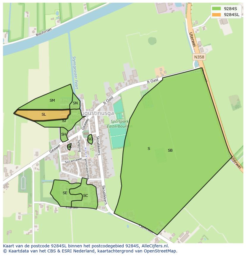 Afbeelding van het postcodegebied 9284 SL op de kaart.