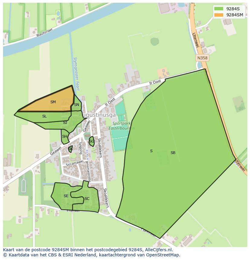 Afbeelding van het postcodegebied 9284 SM op de kaart.