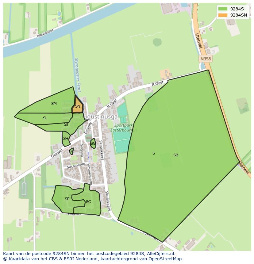 Afbeelding van het postcodegebied 9284 SN op de kaart.