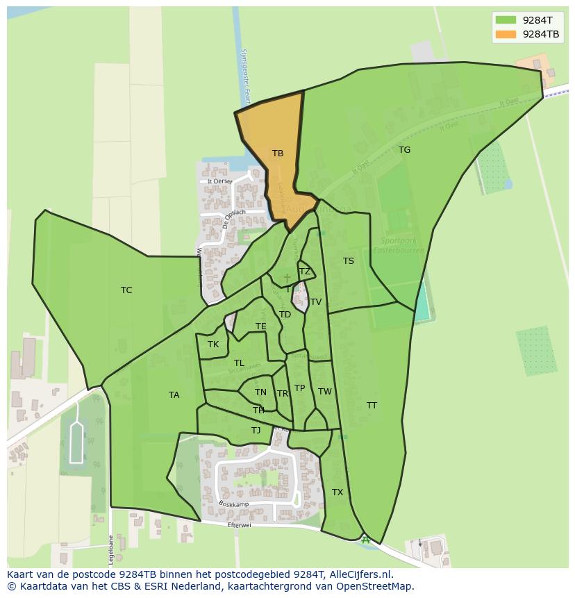 Afbeelding van het postcodegebied 9284 TB op de kaart.