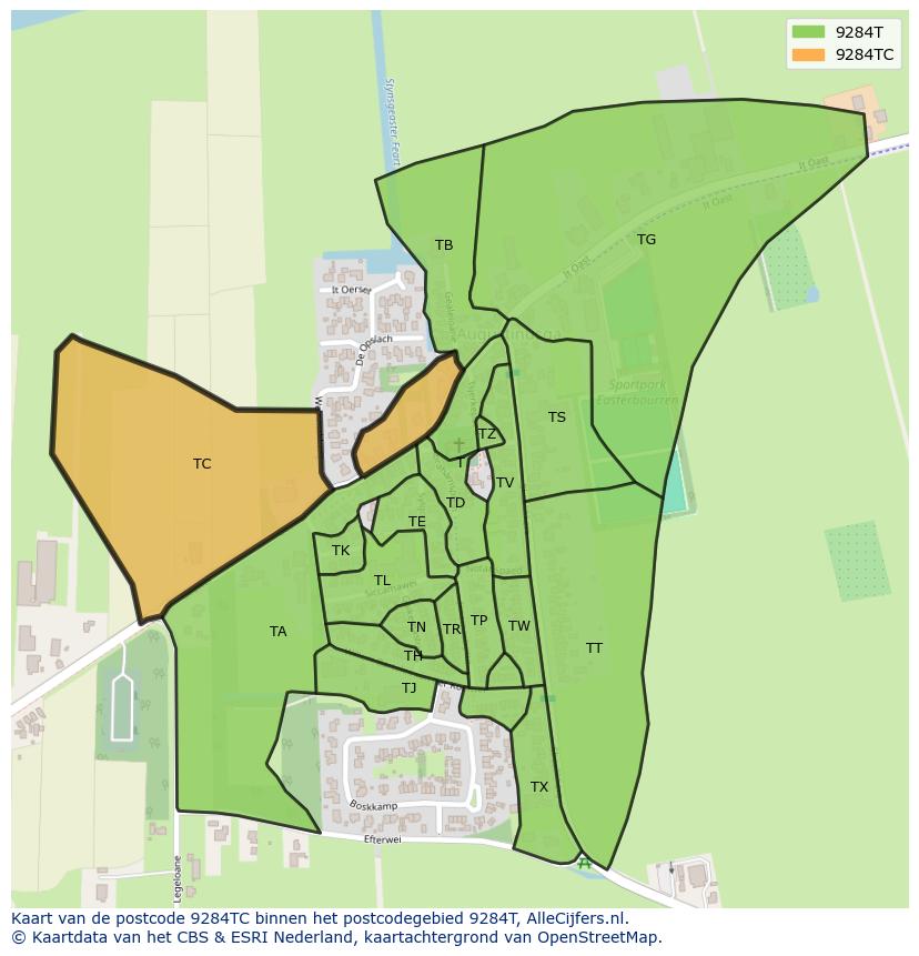 Afbeelding van het postcodegebied 9284 TC op de kaart.