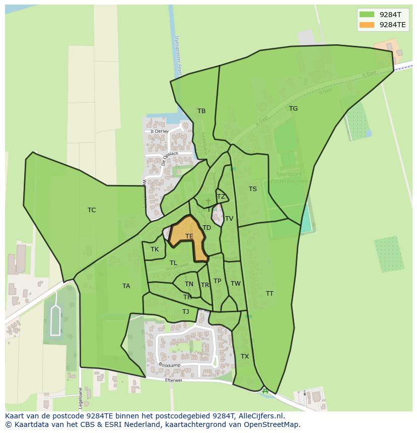 Afbeelding van het postcodegebied 9284 TE op de kaart.