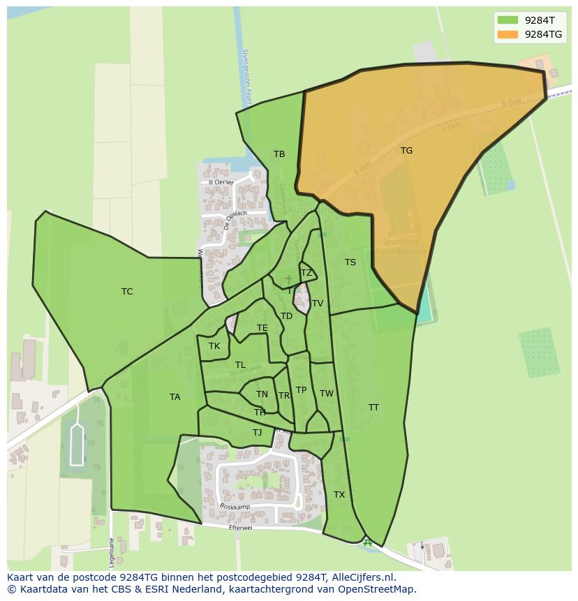 Afbeelding van het postcodegebied 9284 TG op de kaart.