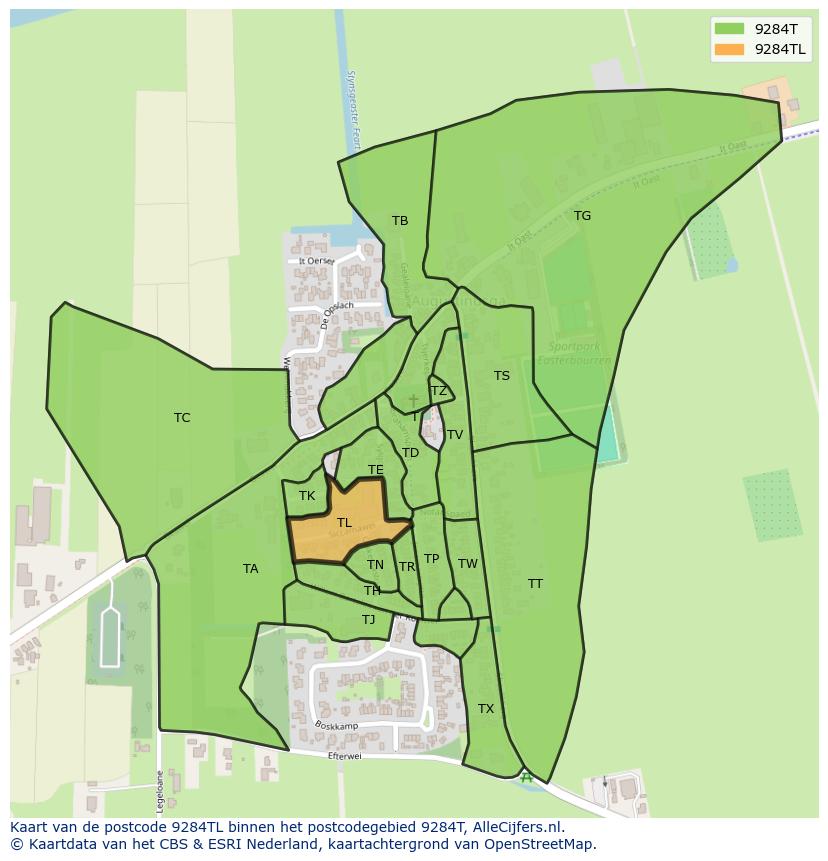 Afbeelding van het postcodegebied 9284 TL op de kaart.