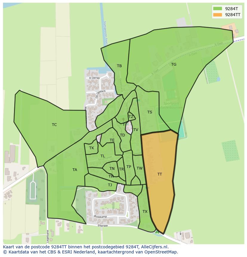 Afbeelding van het postcodegebied 9284 TT op de kaart.