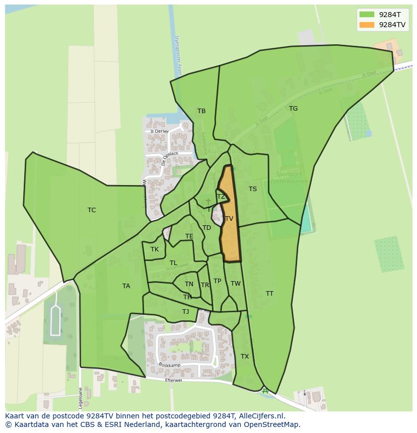 Afbeelding van het postcodegebied 9284 TV op de kaart.