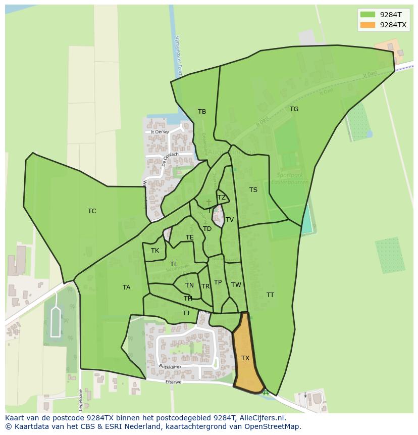 Afbeelding van het postcodegebied 9284 TX op de kaart.