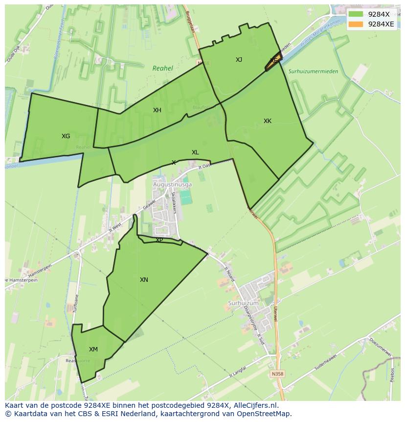 Afbeelding van het postcodegebied 9284 XE op de kaart.