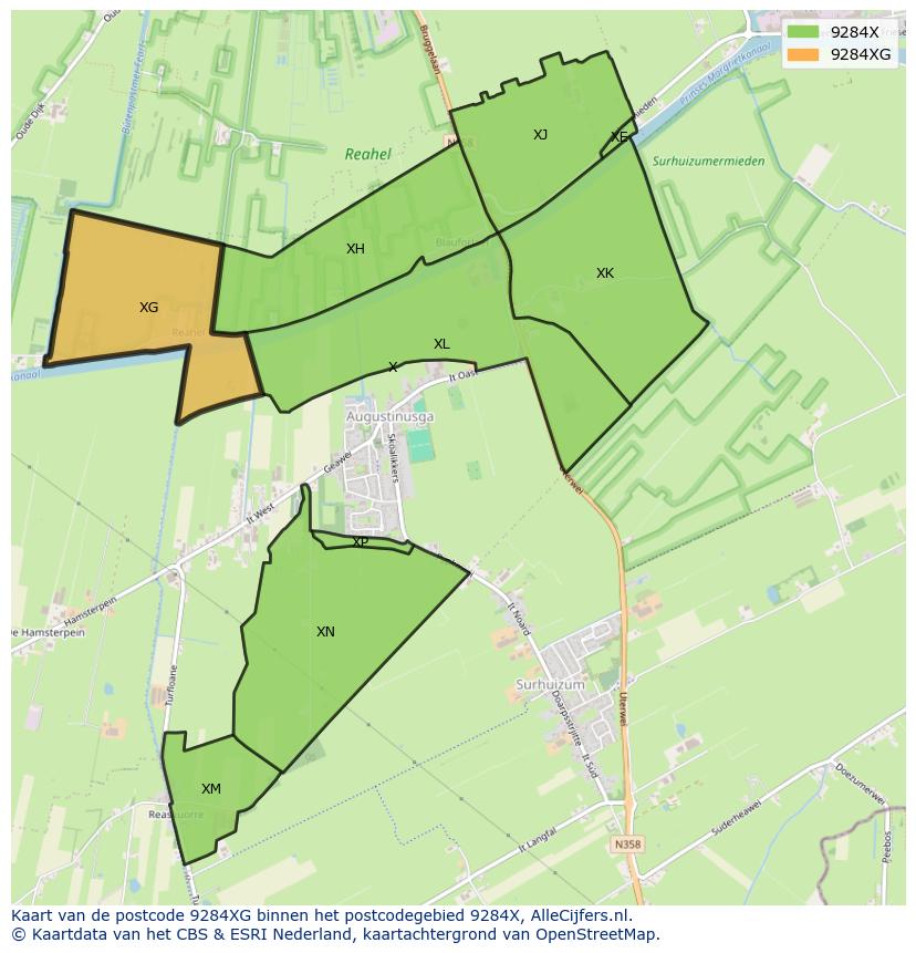 Afbeelding van het postcodegebied 9284 XG op de kaart.