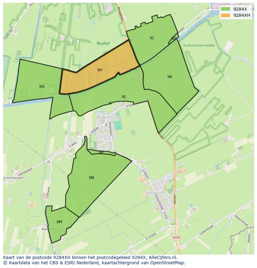 Afbeelding van het postcodegebied 9284 XH op de kaart.