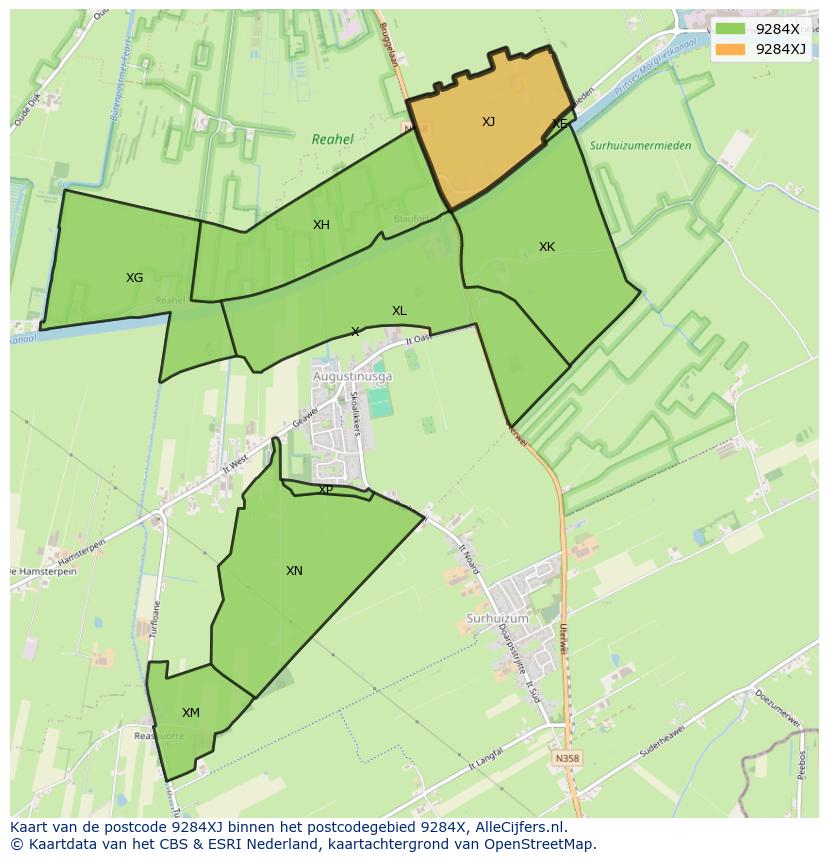 Afbeelding van het postcodegebied 9284 XJ op de kaart.