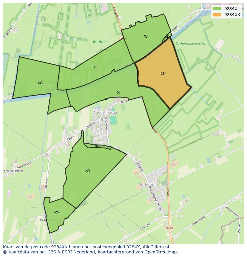 Afbeelding van het postcodegebied 9284 XK op de kaart.