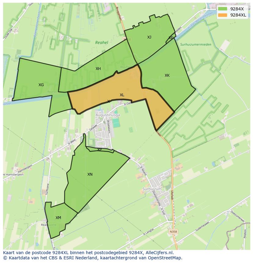 Afbeelding van het postcodegebied 9284 XL op de kaart.