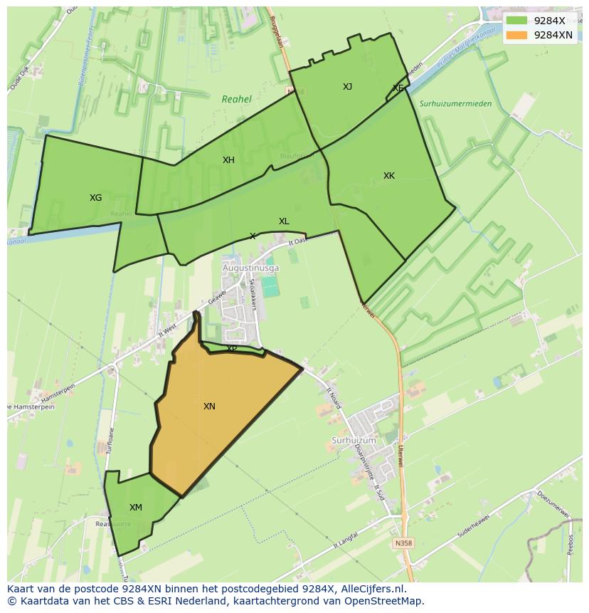 Afbeelding van het postcodegebied 9284 XN op de kaart.