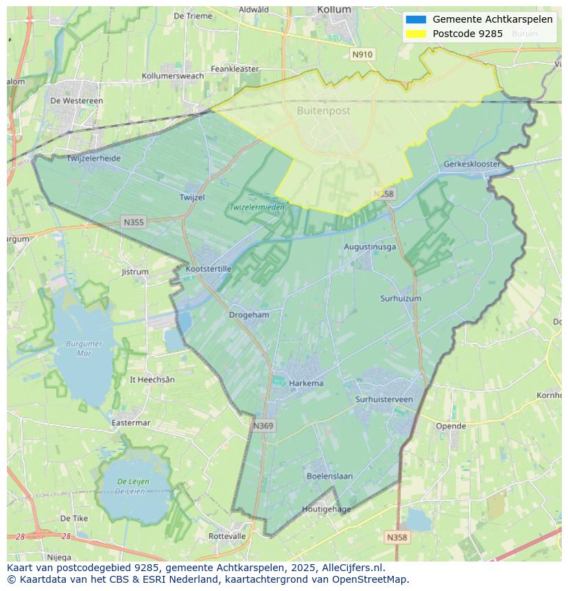Afbeelding van het postcodegebied 9285 op de kaart.