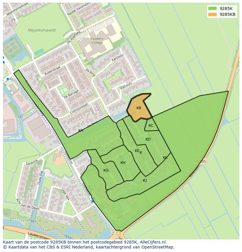 Afbeelding van het postcodegebied 9285 KB op de kaart.
