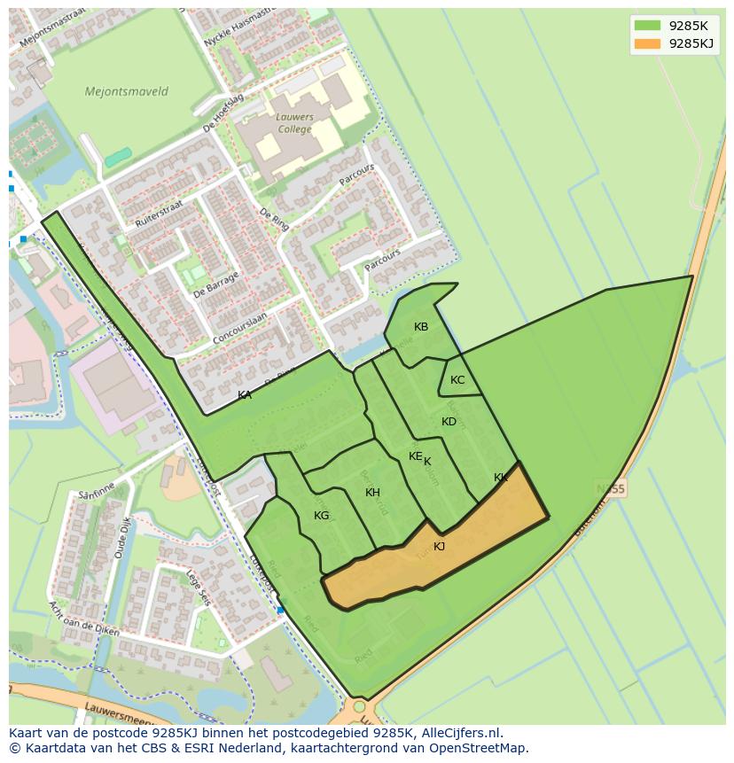Afbeelding van het postcodegebied 9285 KJ op de kaart.
