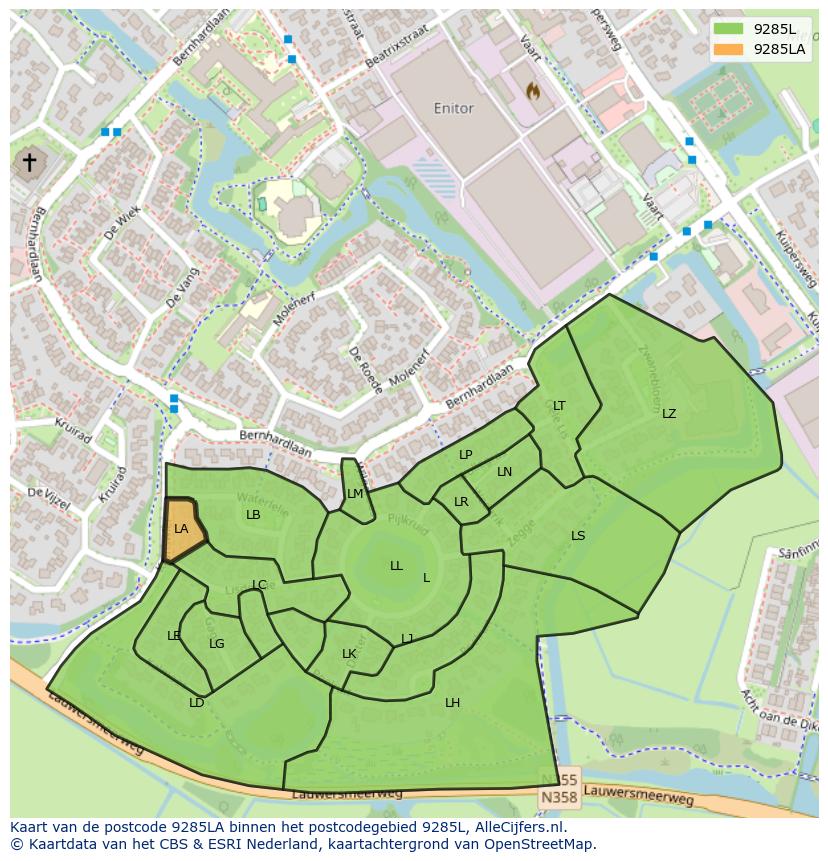 Afbeelding van het postcodegebied 9285 LA op de kaart.