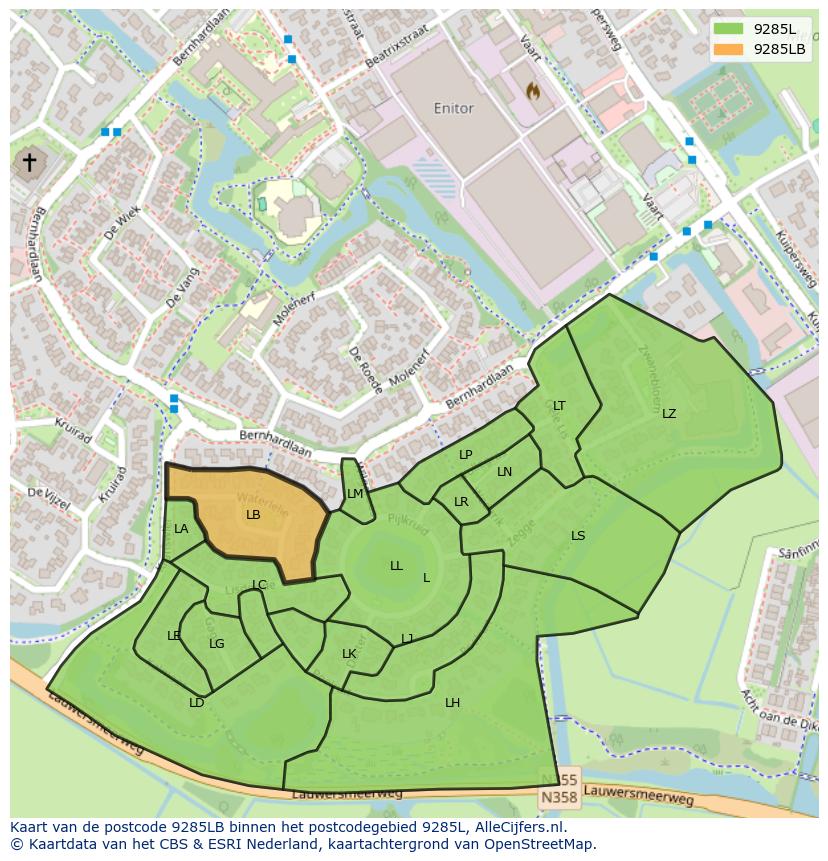 Afbeelding van het postcodegebied 9285 LB op de kaart.
