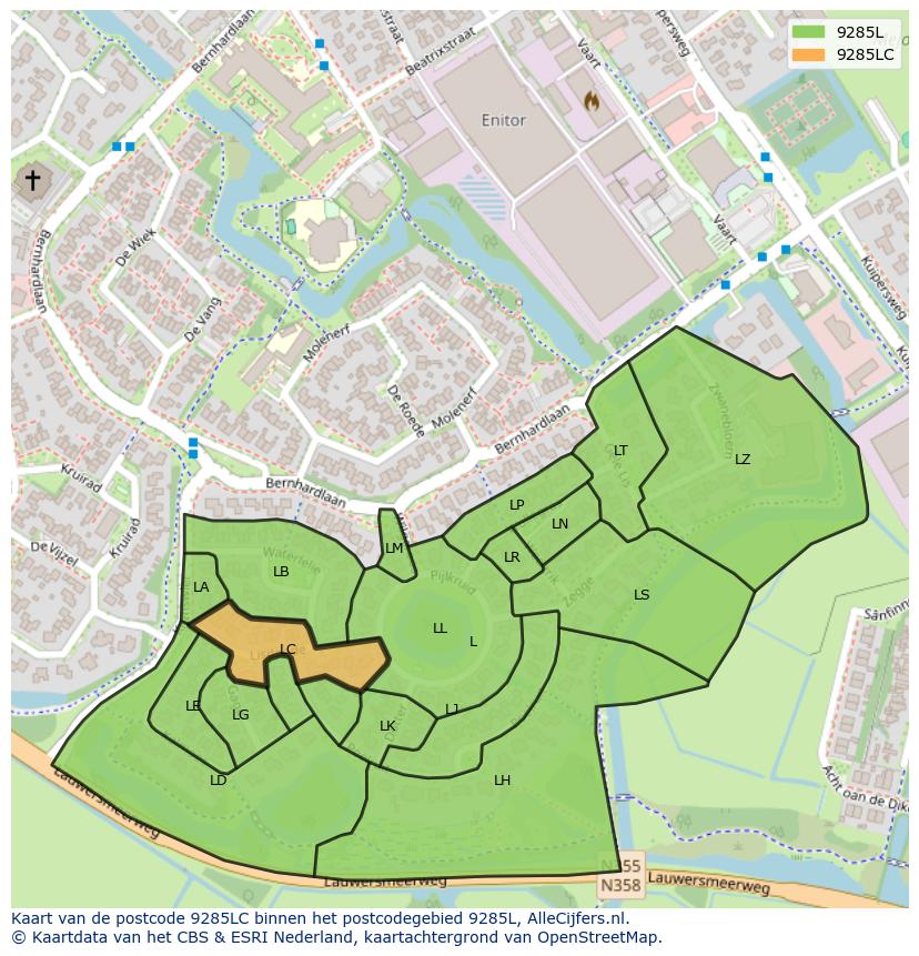 Afbeelding van het postcodegebied 9285 LC op de kaart.