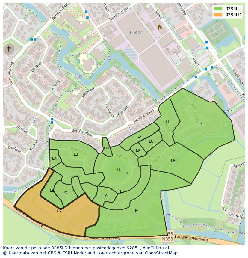 Afbeelding van het postcodegebied 9285 LD op de kaart.